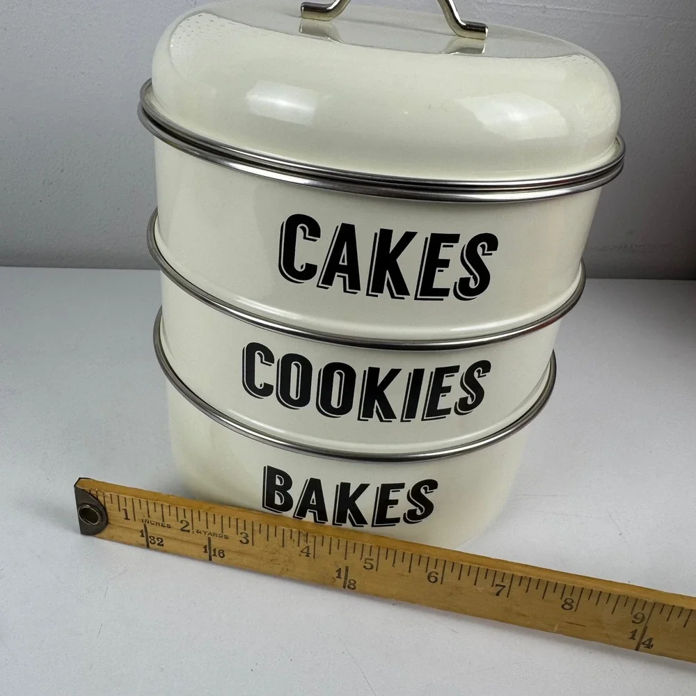 Typhoon Living Retro Cream Enamel 3 Tier Nesting Cake Cookie Bakes Storage Tin
